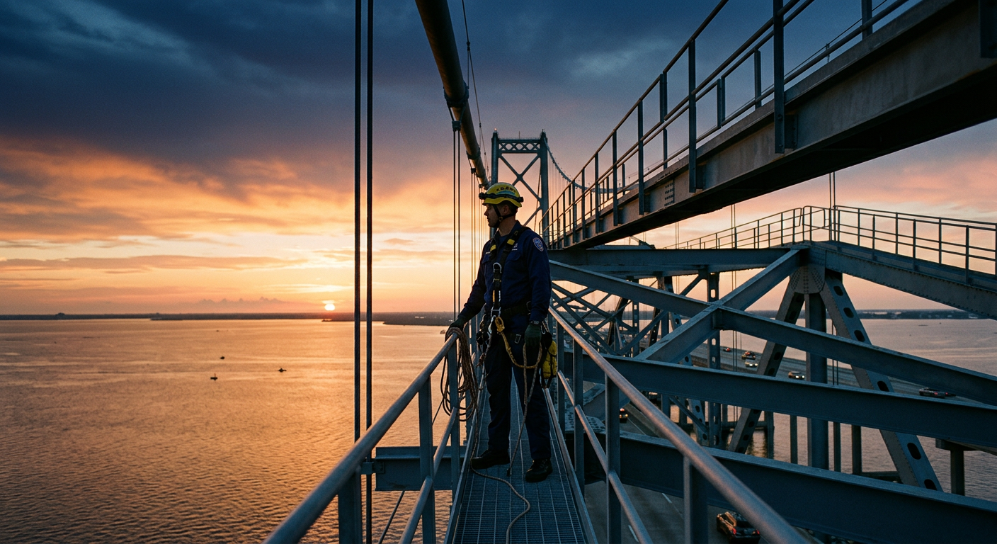 Highline hero standing on a bridge at sunrise